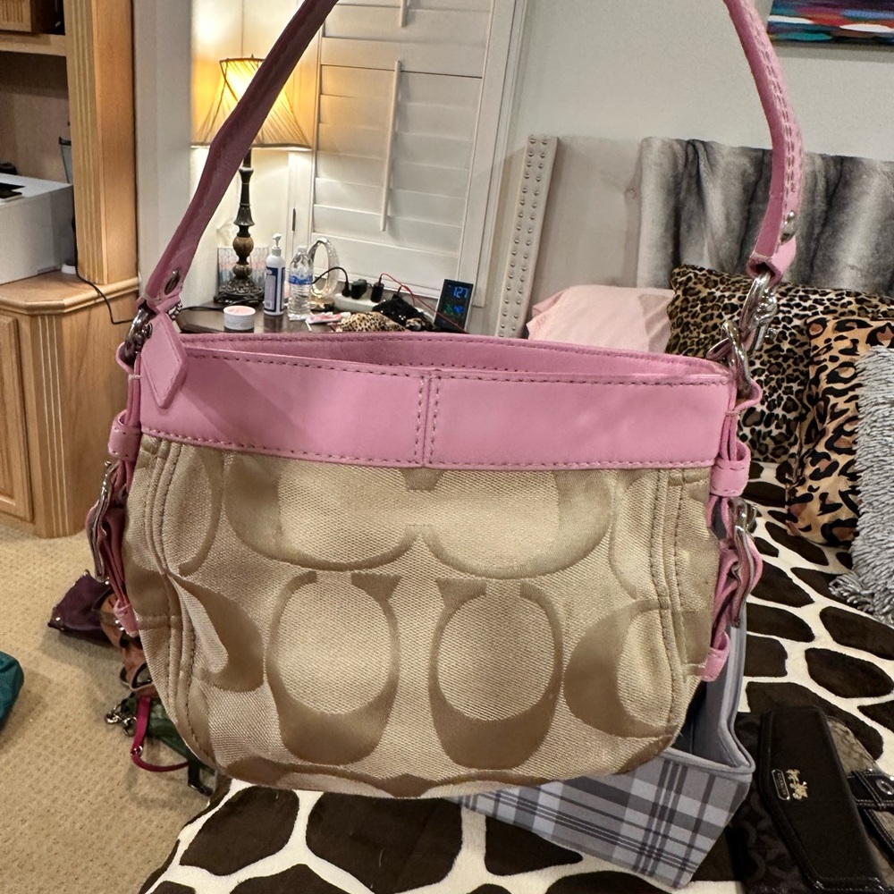 Pink and Tan Designer Shoulder Bag